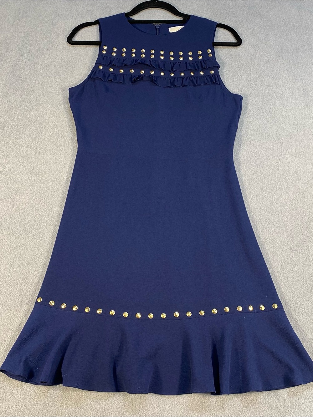 Michael Kors women’s Sleeveless Navy Stud-Embellished Ruffle Hem Flounce Dress,S